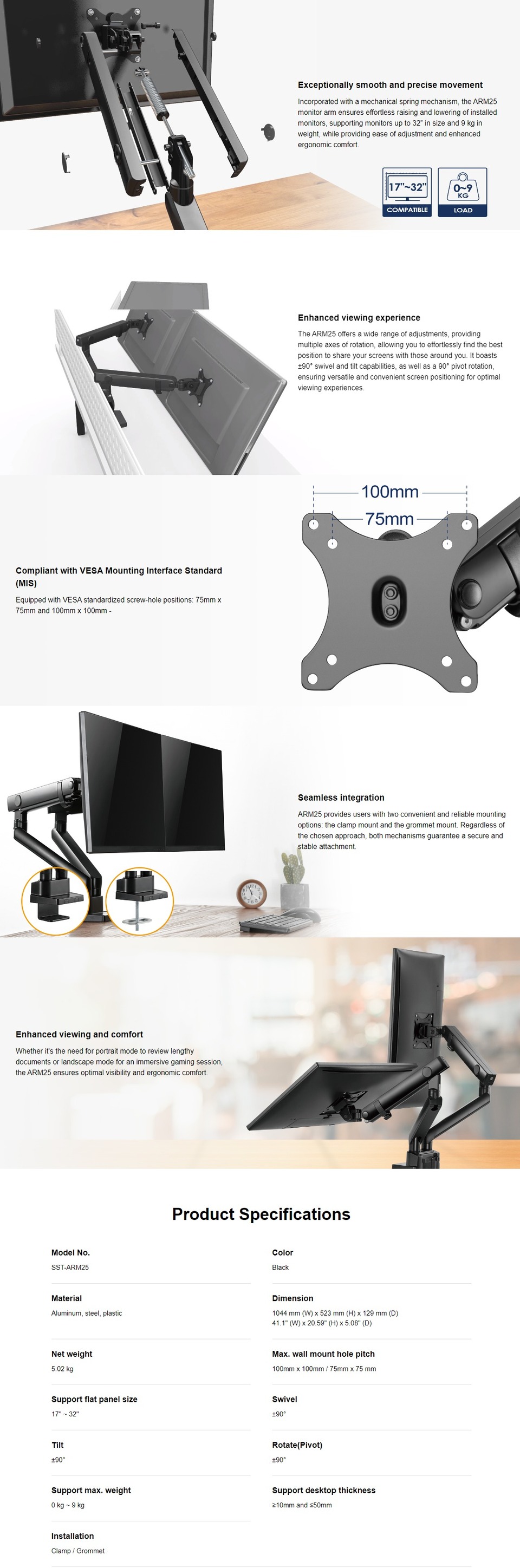 silverstone sst-arm25 mechanical spring dual monitor mount