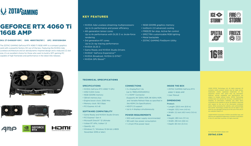 zotac rtx 4060 ti 16gb amp graphics card zt-d40620f-10m