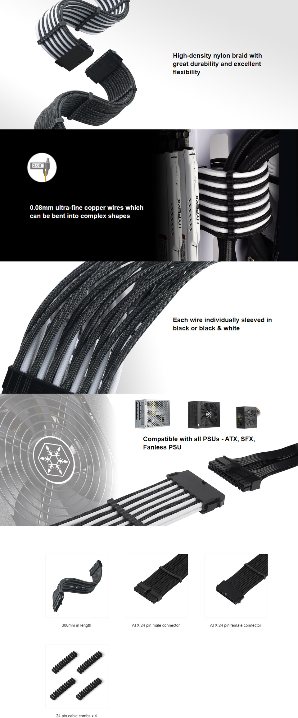 silverstone pp07e-mbbw blackwhite 24-pin extension cable