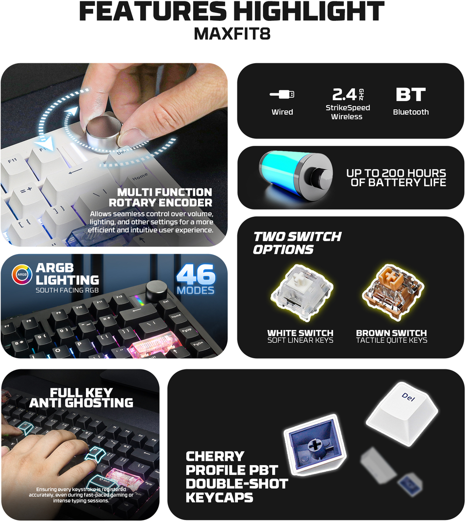 fantech maxfit8 qmk wireless linear mechanical keyboard black