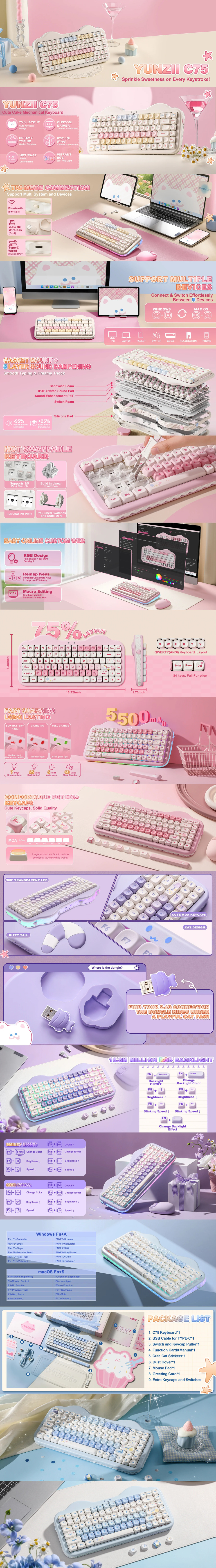 yunzii c75 cake meow 75 rgb wireless linear mechanical keyboard purple