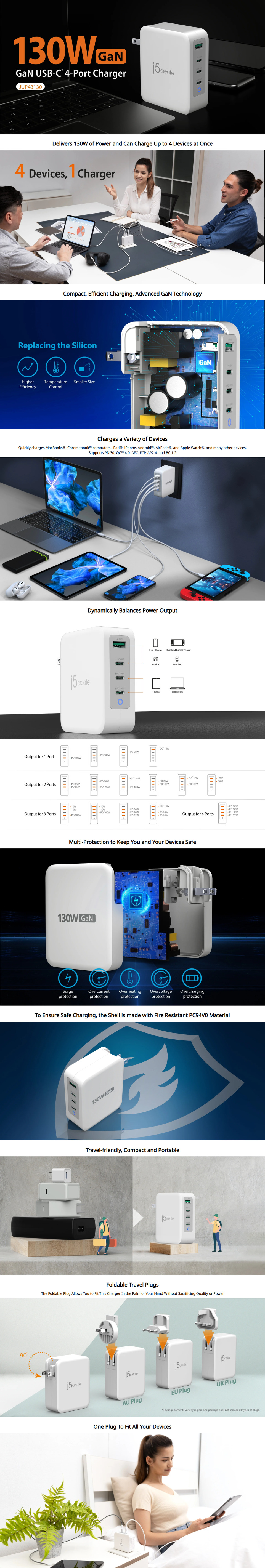4-port j5create jup43130u 130 watt gan usb-c charger