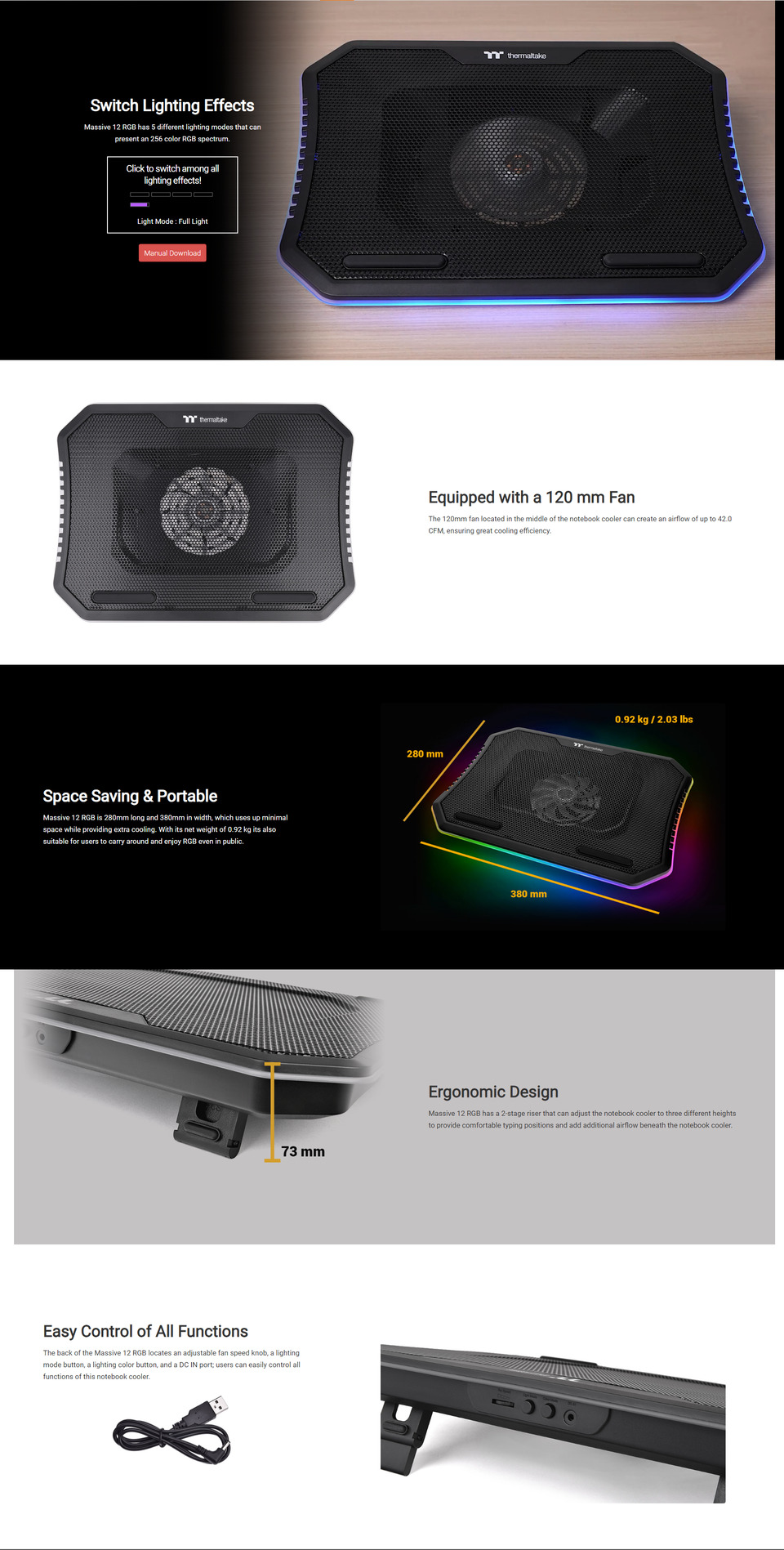 thermaltake massive 12 rgb notebook cooler cl-n020-pl12sw-a