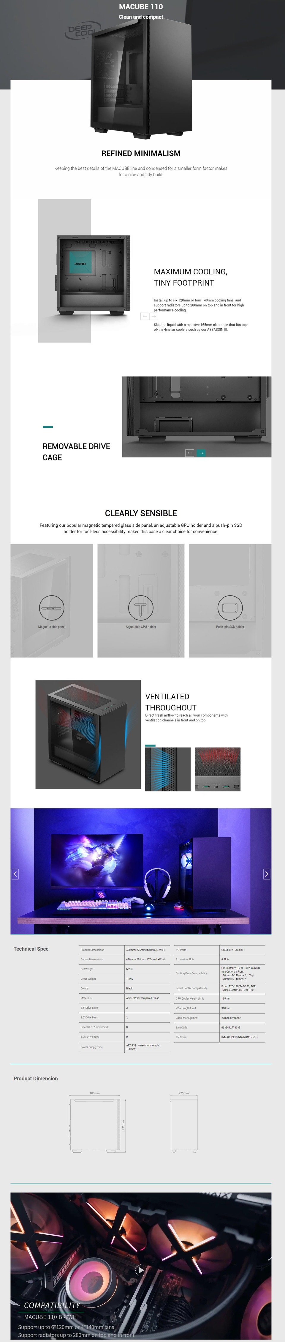 deepcool microatx macube 110 tempered glass case black