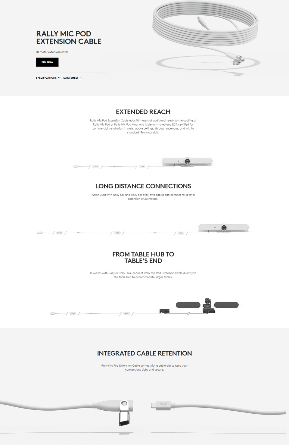 10m logitech rally mic pod extension cable off-white