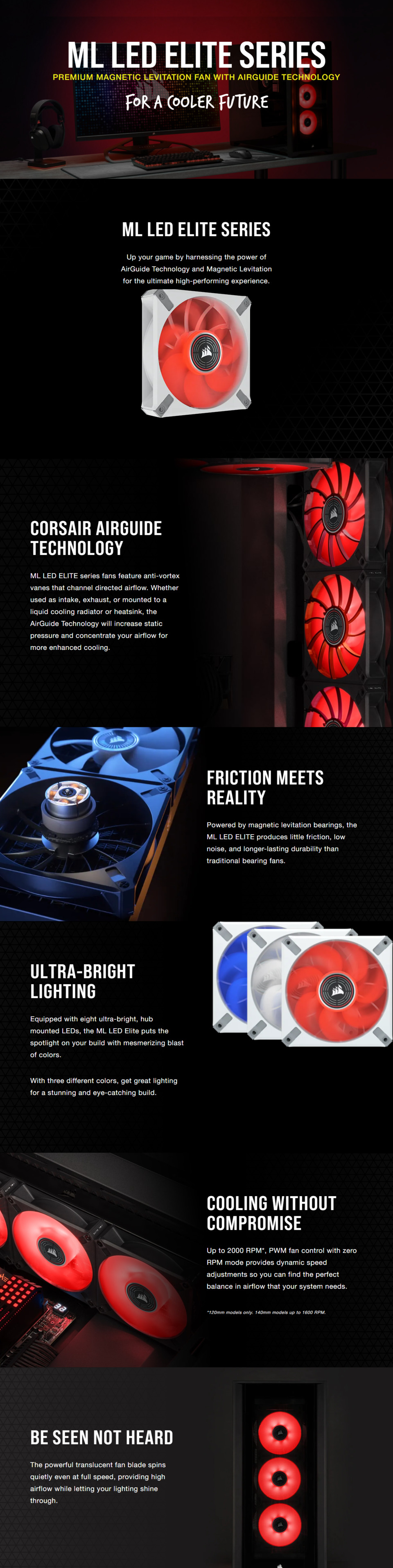 120mm corsair ml120 elite red co-9050126-ww pwm magnetic levitation white case fan