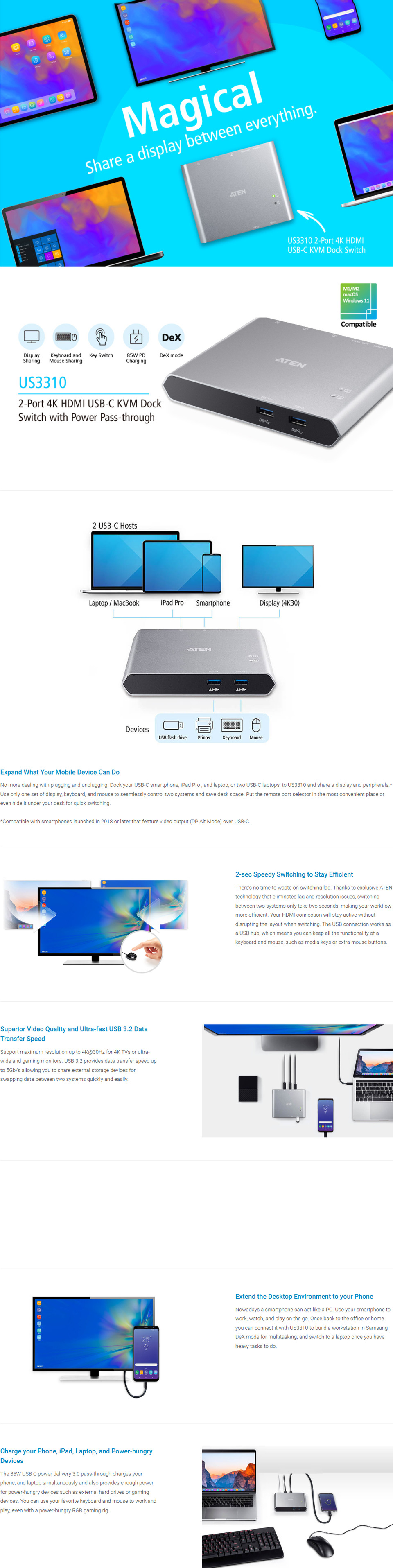 aten us3310 2-port 4k hdmi usb-c kvm dock switch with power pass-through