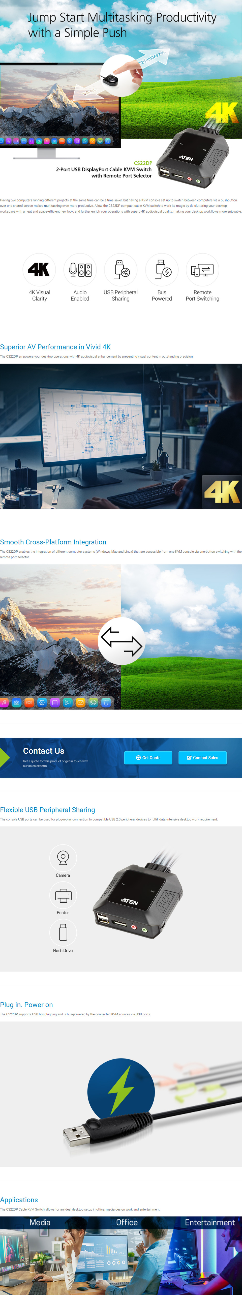 aten cs22dp 2-port usb displayport cable kvm switch with remote port selector