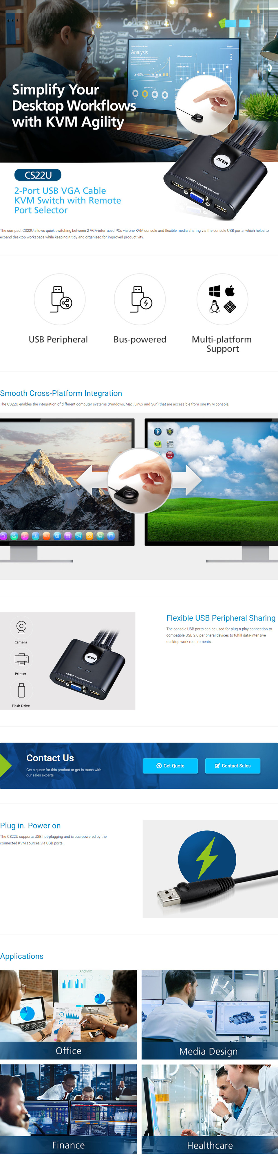 aten cs22u 2-port usb vga cable kvm switch with remote port selector