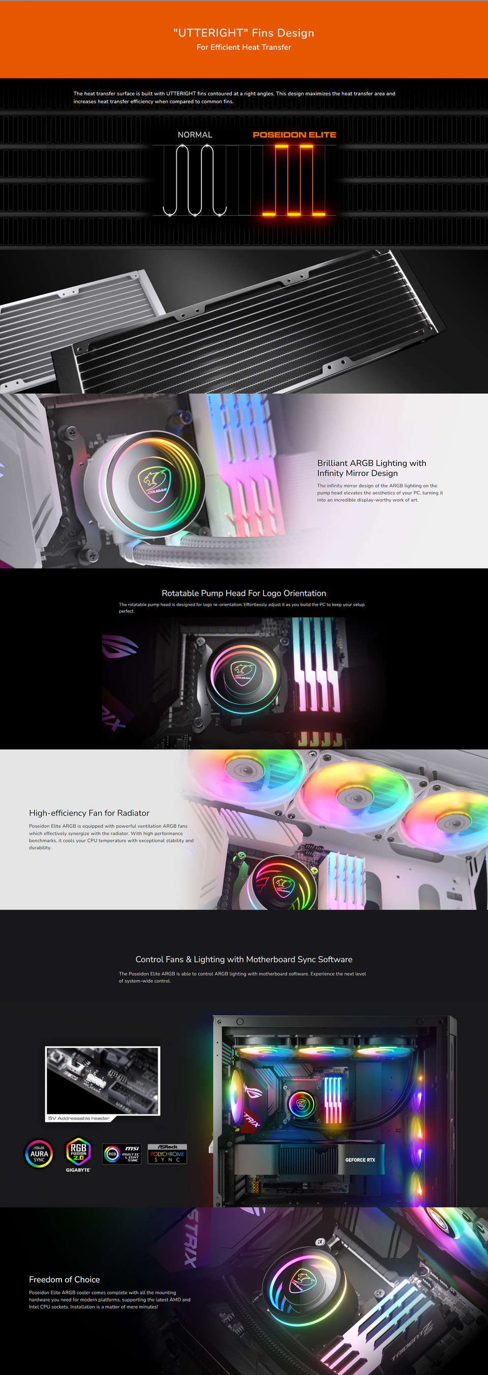 cougar poseidon elite 240 argb liquid cpu cooler white cgr-psdelrgb-w-240