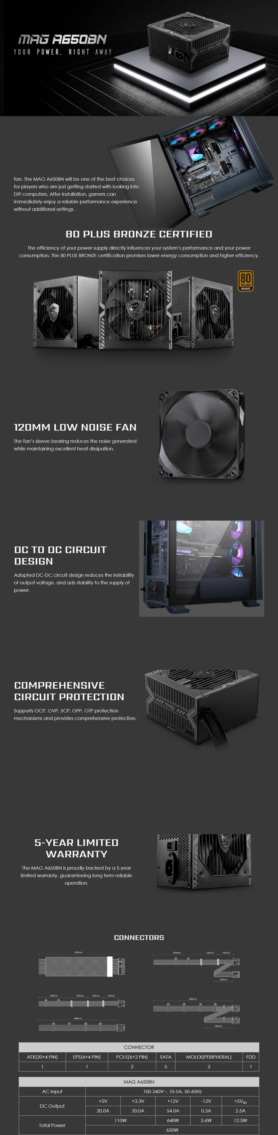 msi mag a650bn 650w 80 plus bronze atx power supply