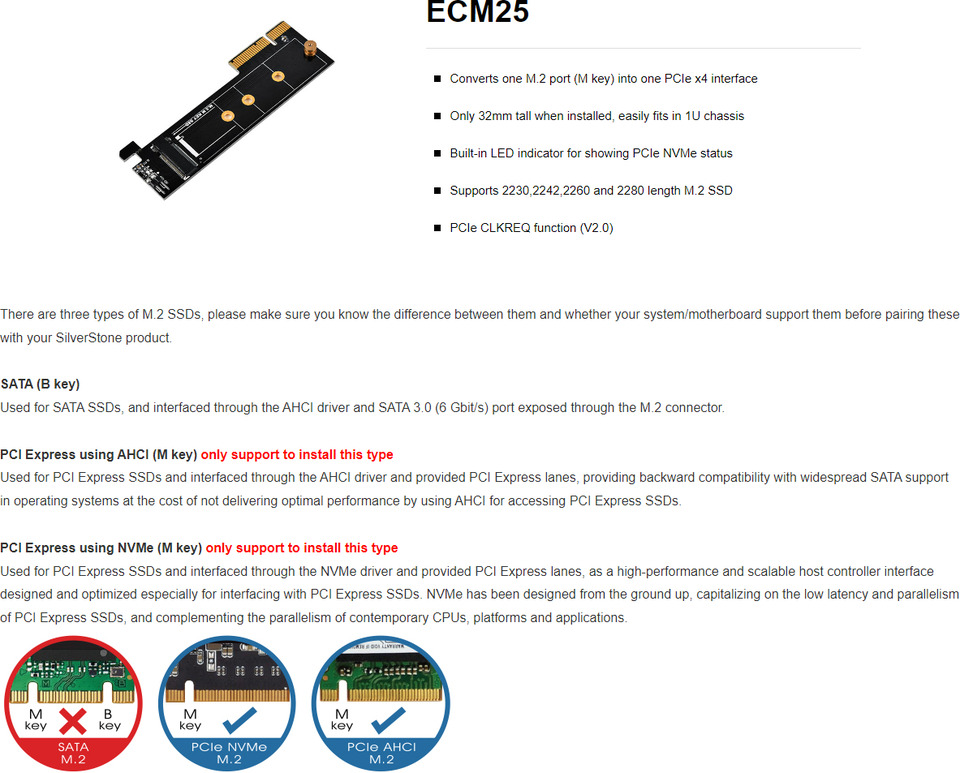 silverstone ecm-25 v2 m2 nvme to pcie low profile adapter card