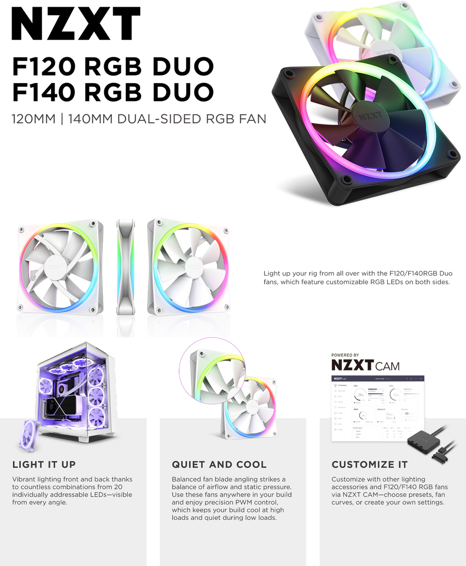 2 x 140mm nzxt f140rgb duo black case fan rf-d14df-b1