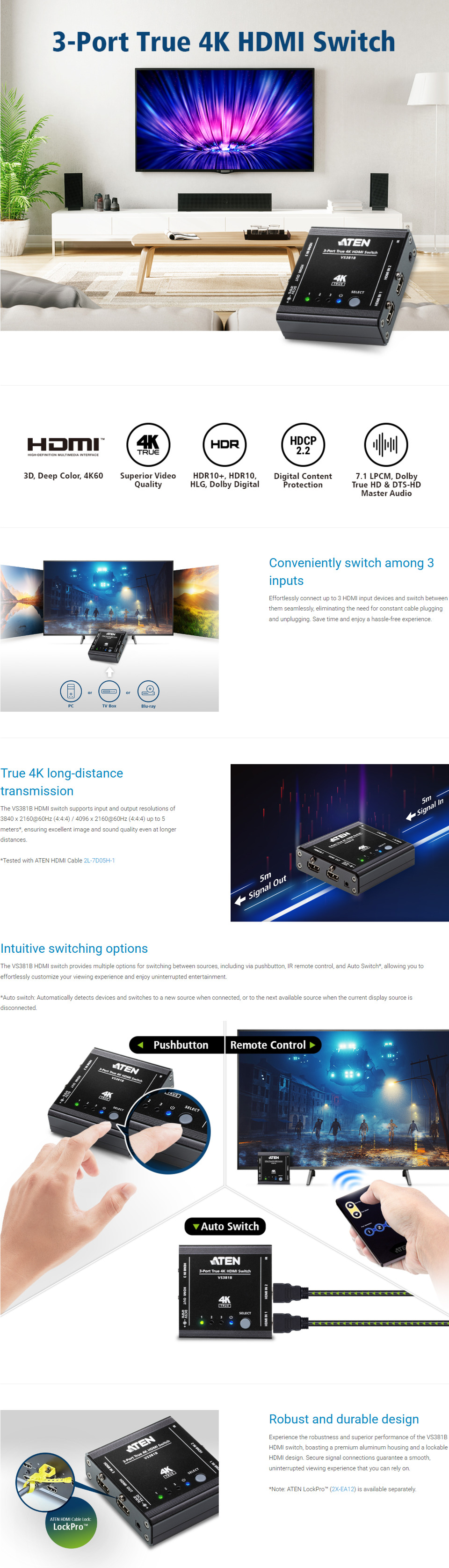 3 port aten single hdmi switch