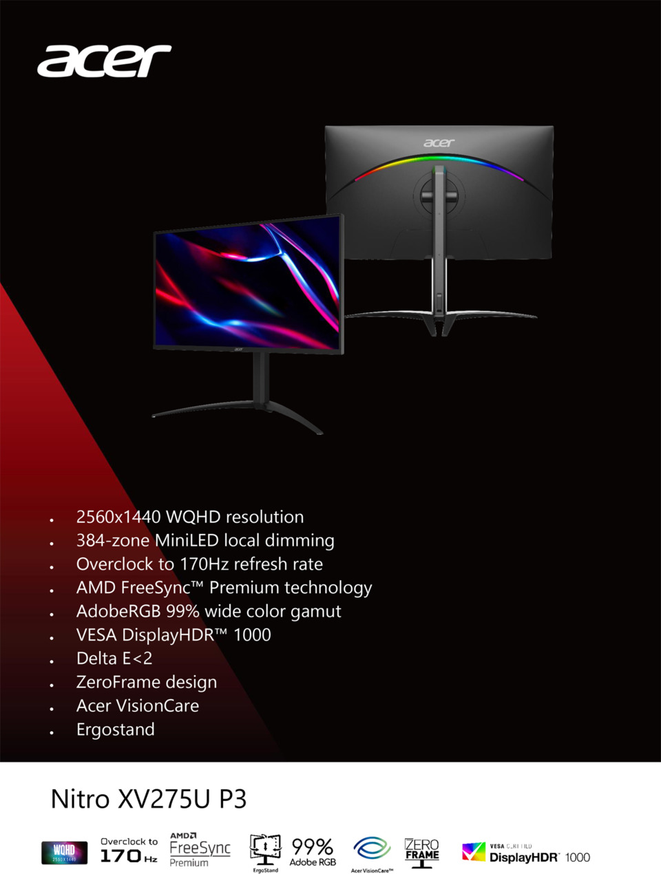 27 acer nitro xv275up3 qhd 170hz mini led gaming monitor