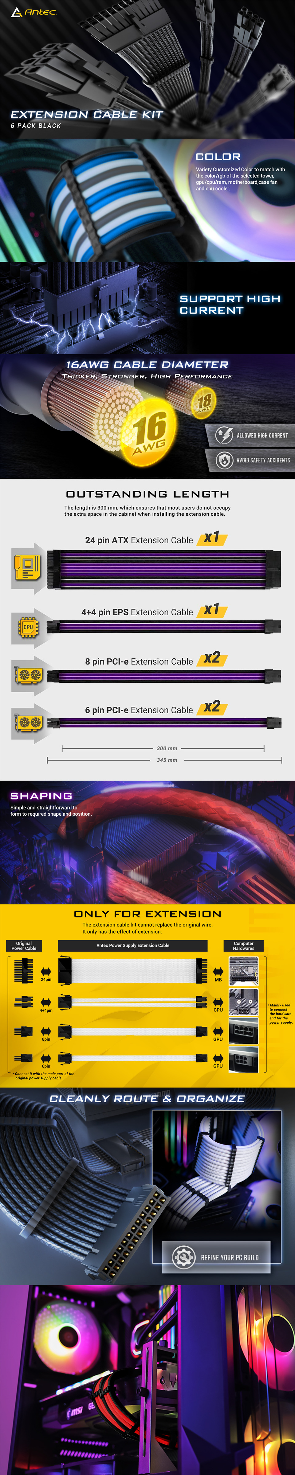 antec psu - sleeved extension cable kit v2 - white