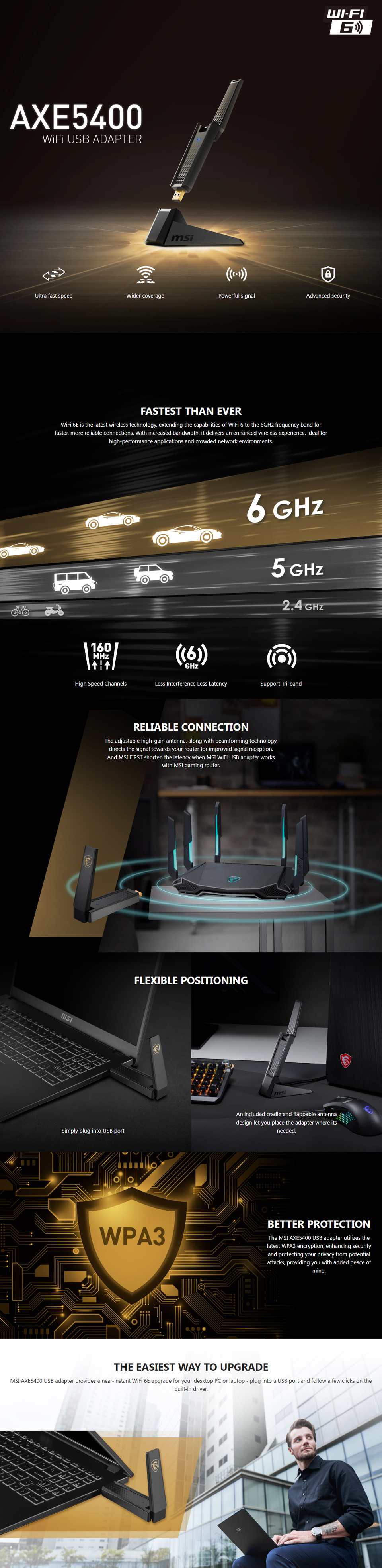 msi guaxe54 tri-band axe5400 usb wireless adapter