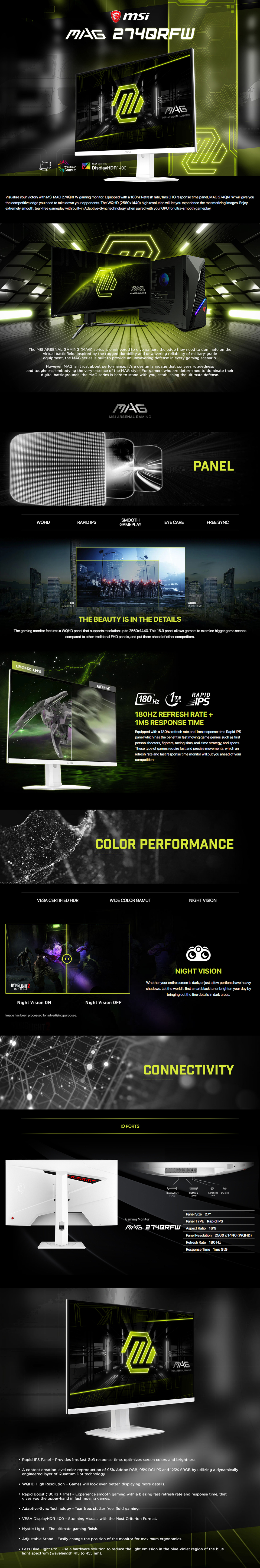 27 msi mag 274qrfw ips qhd 180hz white gaming monitor