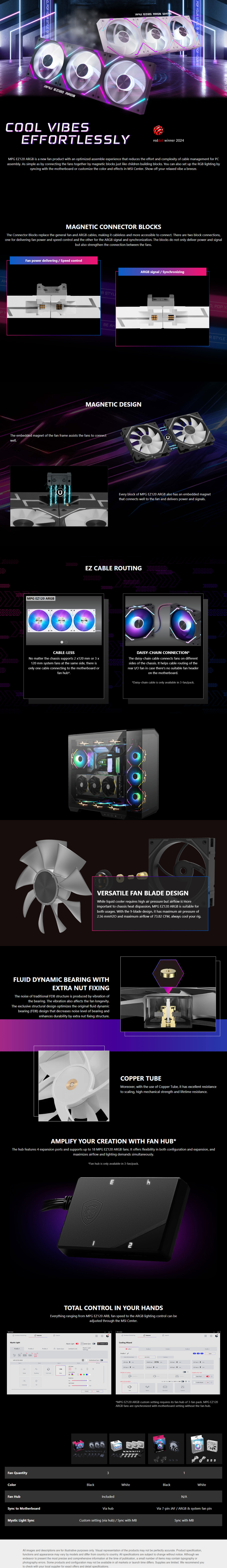 120mm msi mpg ez120 argb black case fan 3 pack