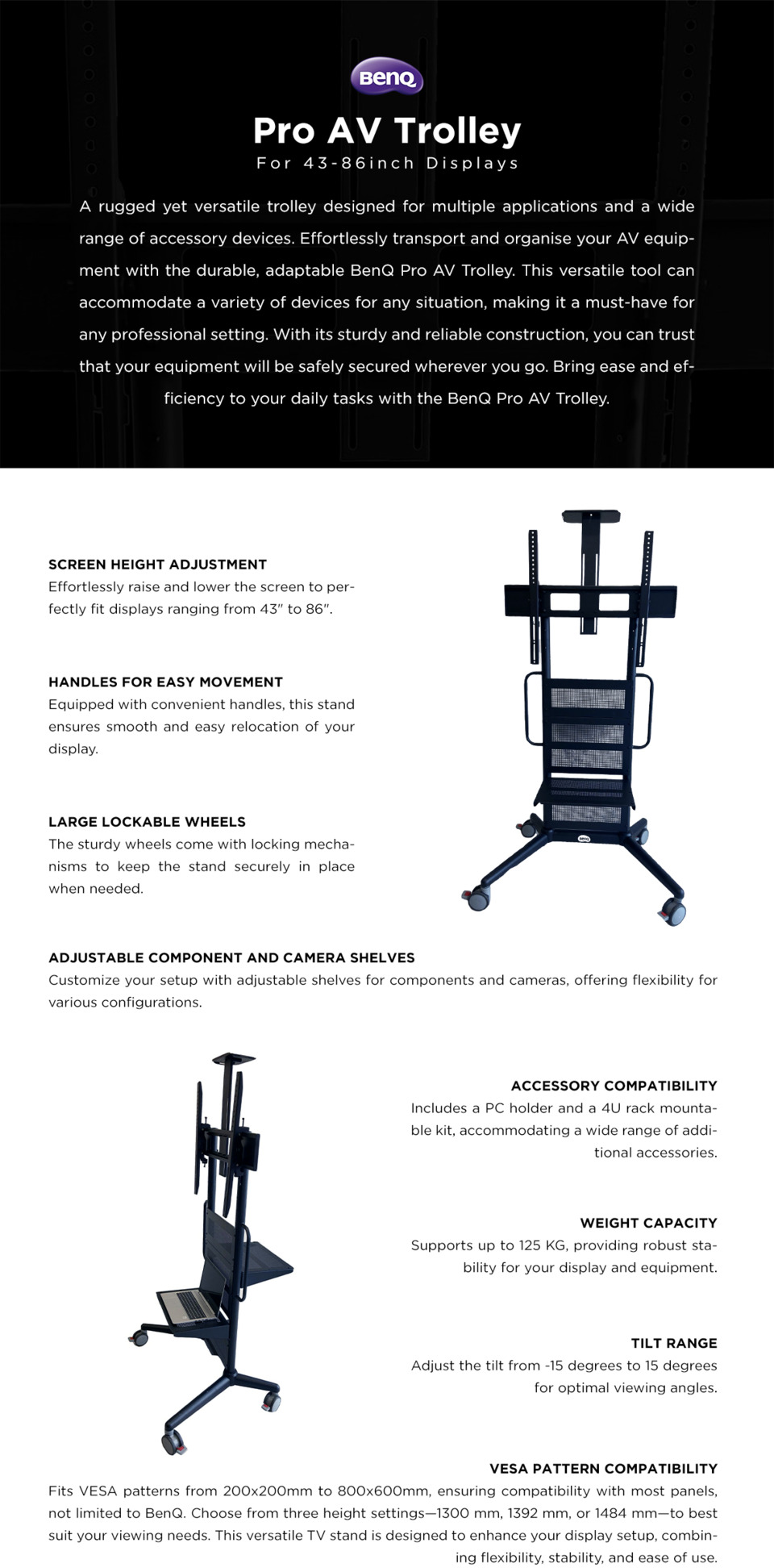 benq pro fixed height av trolley up to 125kg fit displays 43 - 86