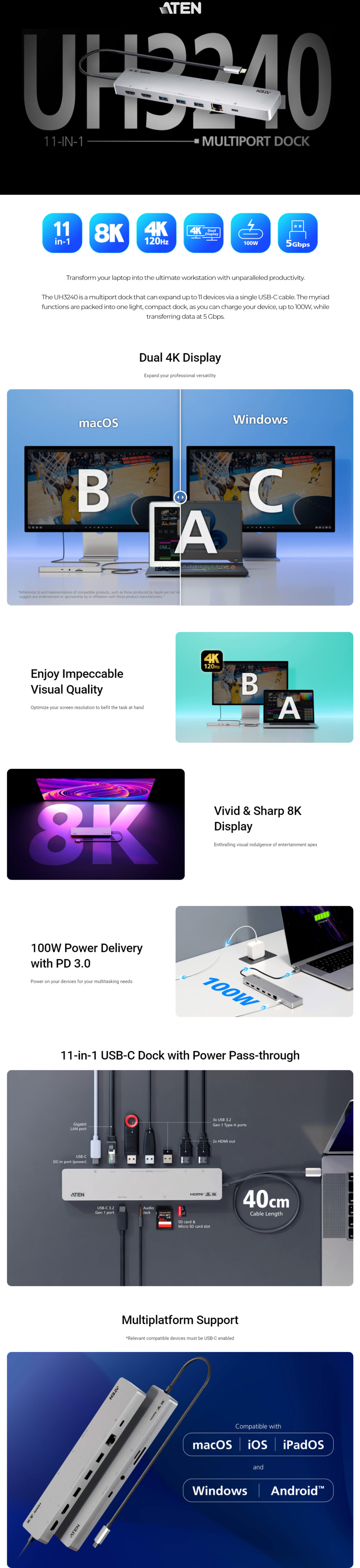 aten uh3240 11-in-1 usb-c multiport dock with power pass-through