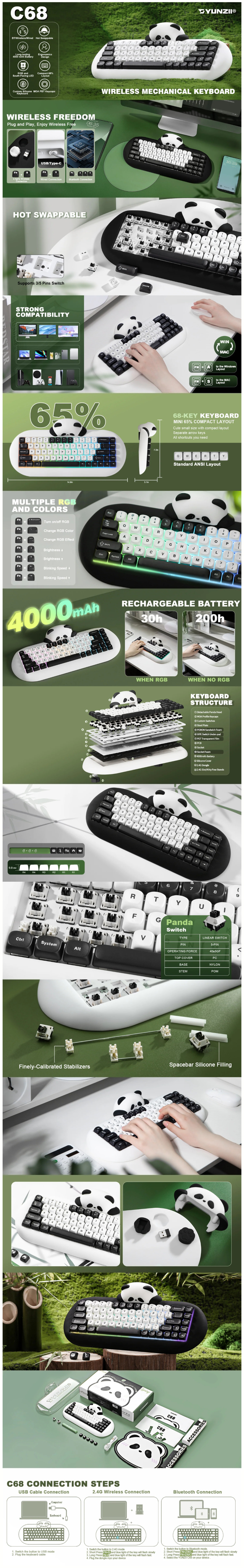 あう YUNZII C68 Panda Wireless Linear Mechanical Keyboard Black | CA