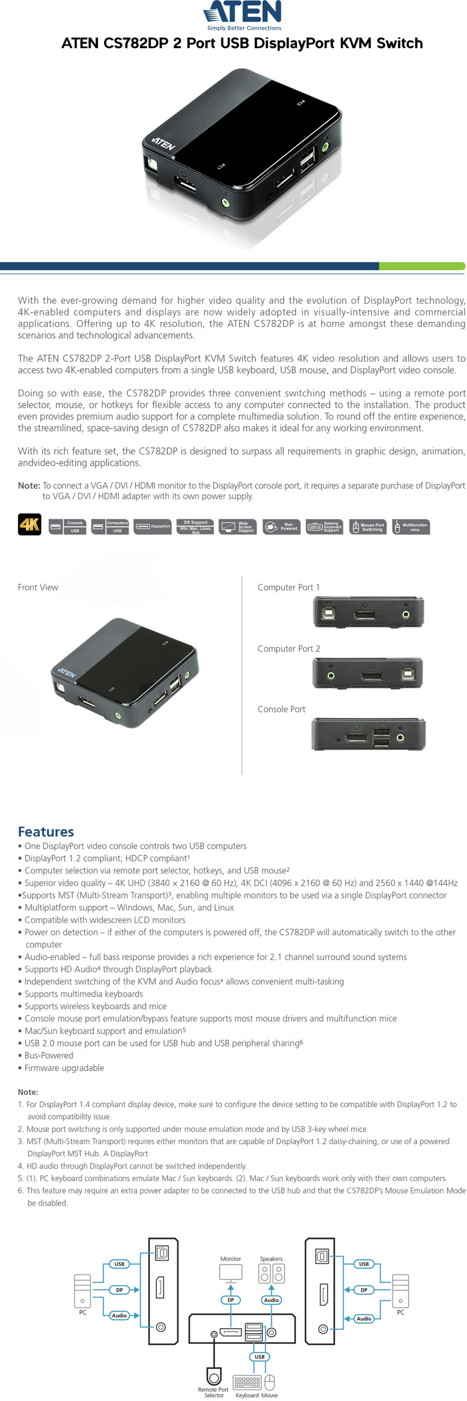aten cs782dp 2-port usb displayport  audio kvm switch