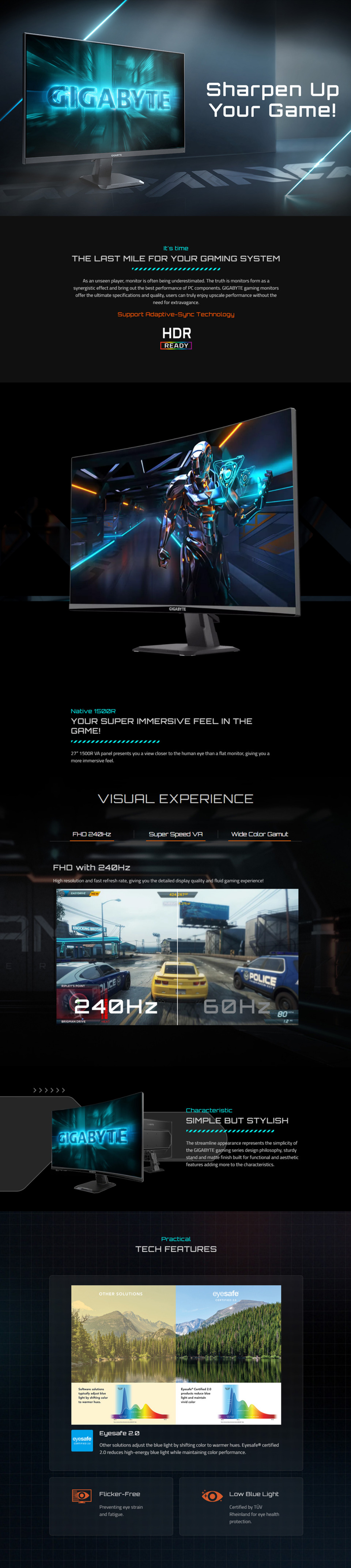 27 gigabyte gs27fc2 fhd 240hz va curved gaming monitor