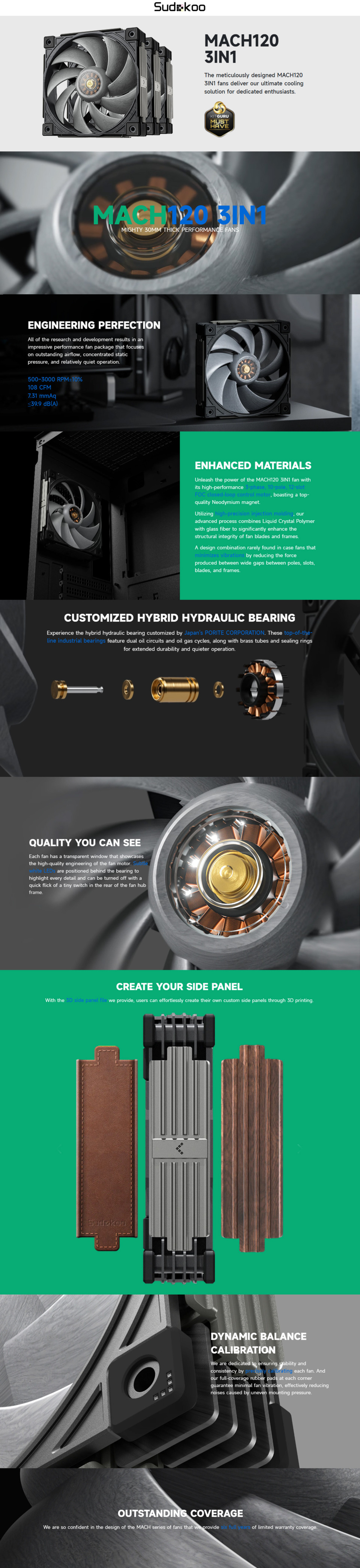 3x120mm sudokoo mach120 3in1 120mm case fan black 3 pack