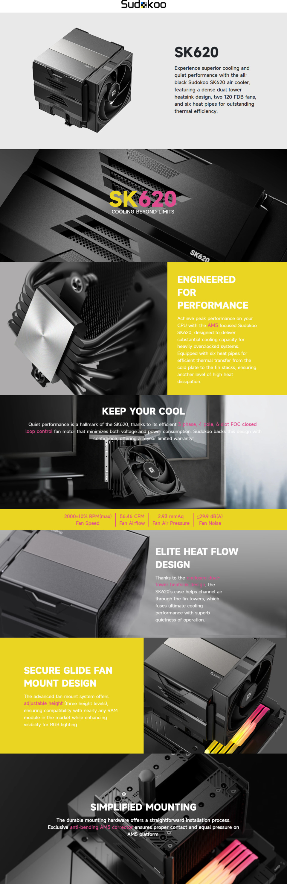 sudokoo sk620v dual-tower cpu air cooler black