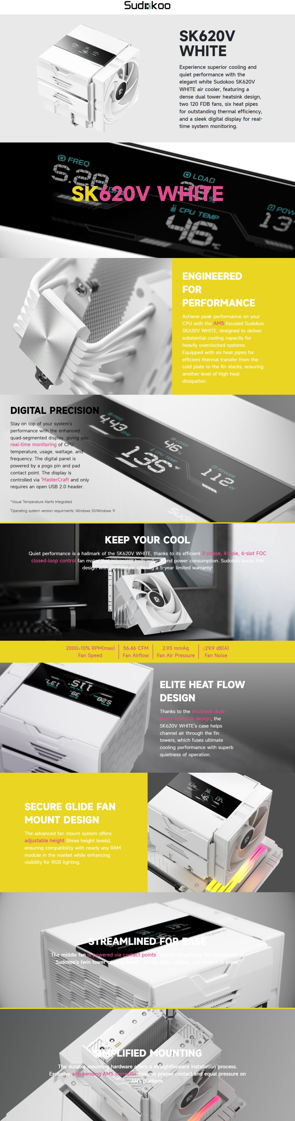 sudokoo sk620v dual-tower cpu air cooler white with lcd temp display