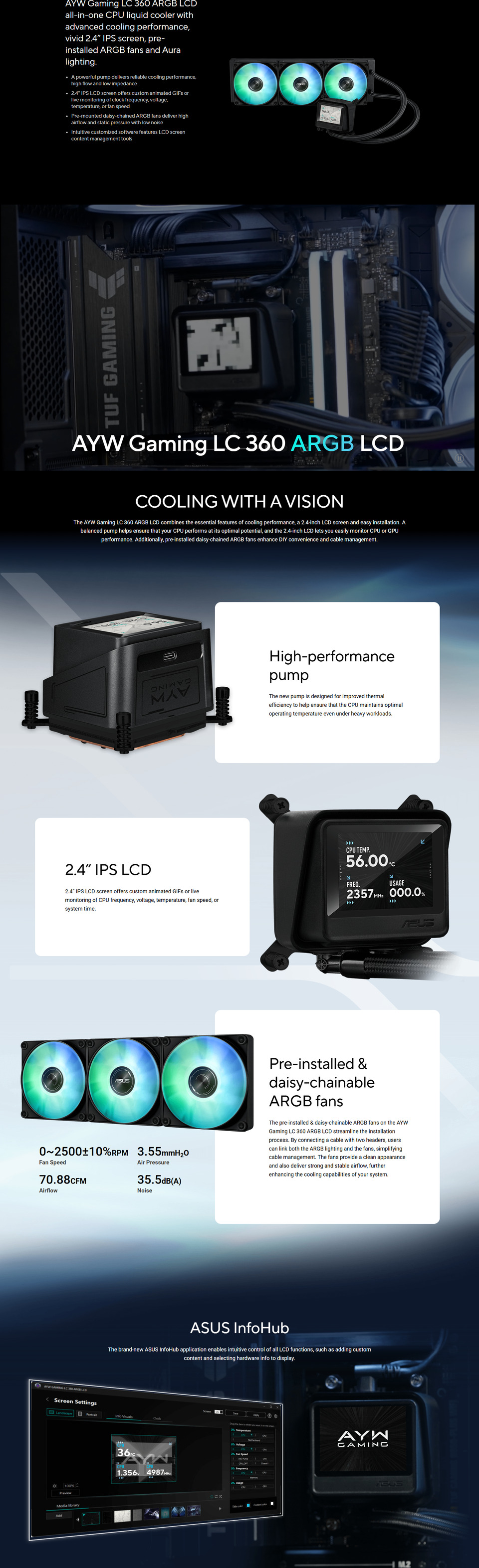 360mm asus ayw gaming lc 360 argb cpu liquid cooler with display black
