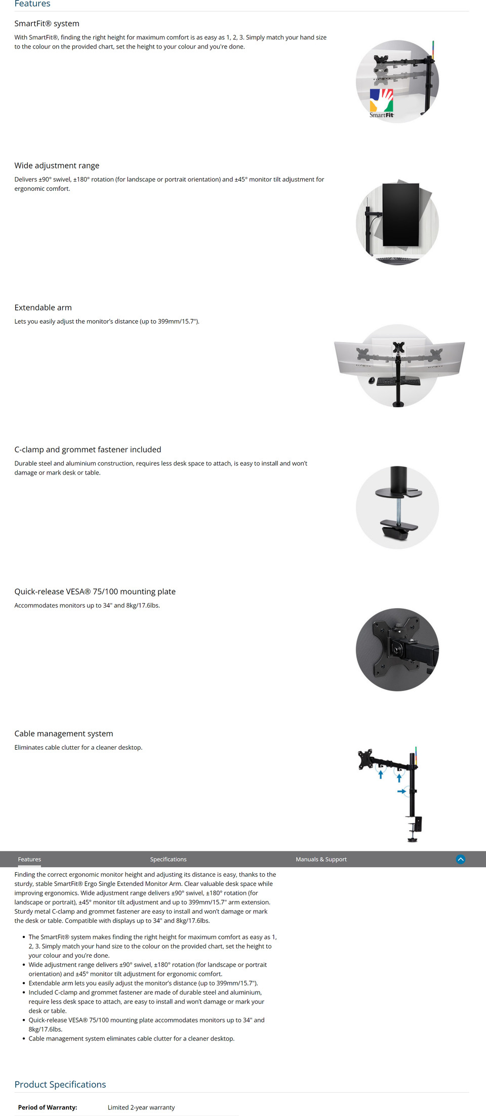 kensington smartfit ergo single extended monitor arm pn k55408ww