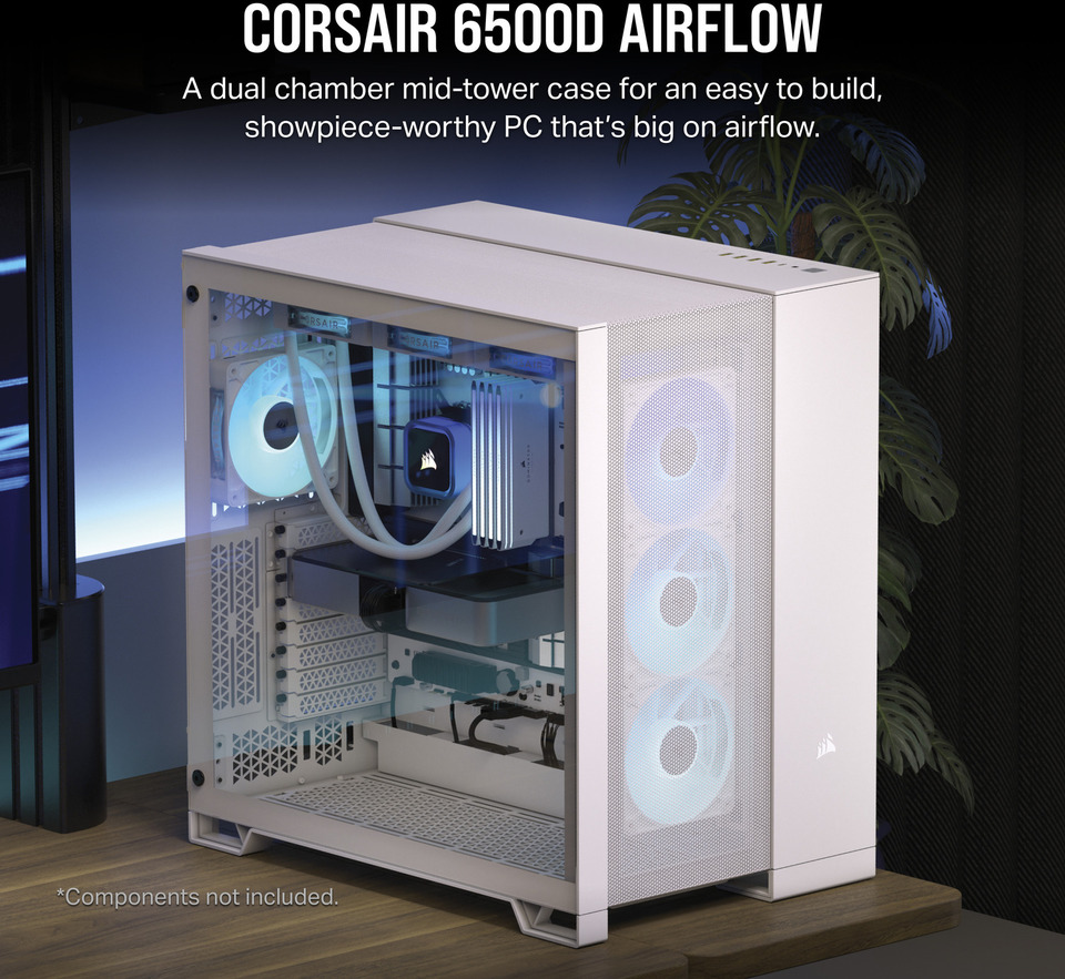 corsair 6500d airflow mid-tower dual chamber white pc case cc-9011260-ww
