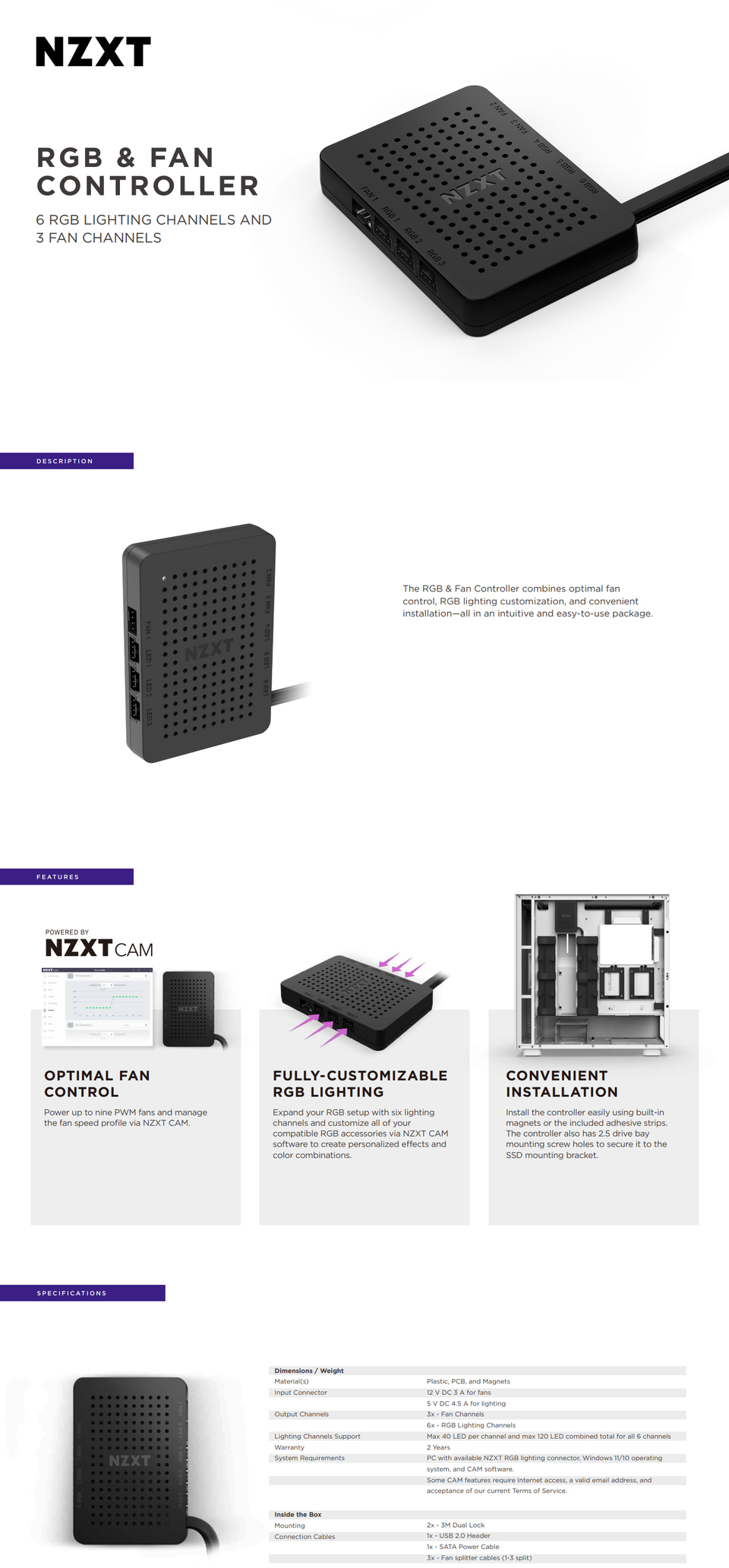 nzxt rgb fan controller - 6x rgb channels - 3x pwm fan channels pn ac-crfr0-b1