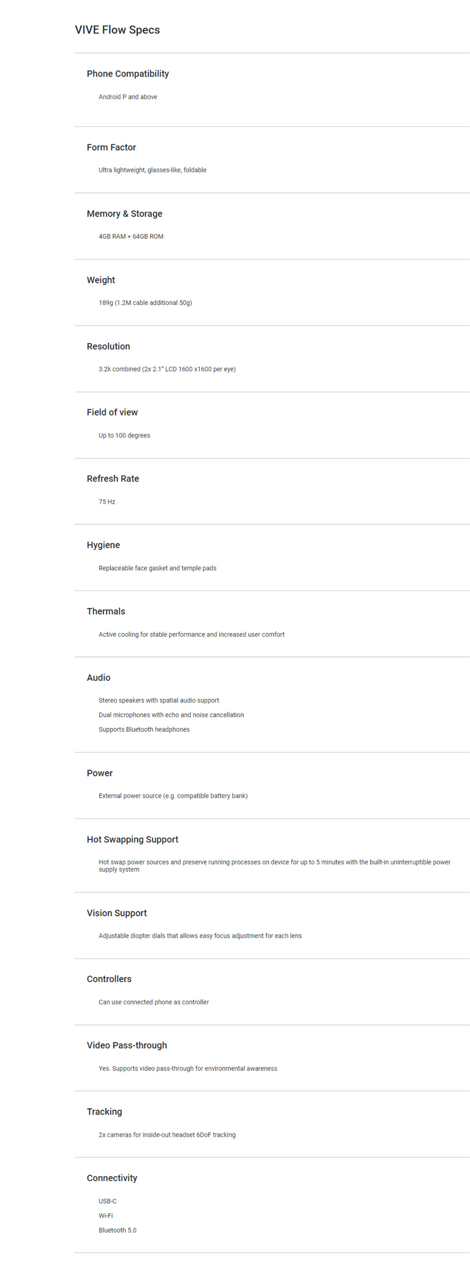 htc vive flow headset 99hasv007-00 4gb ram  64gb rom 2x 21 inch lcd 1600x1600