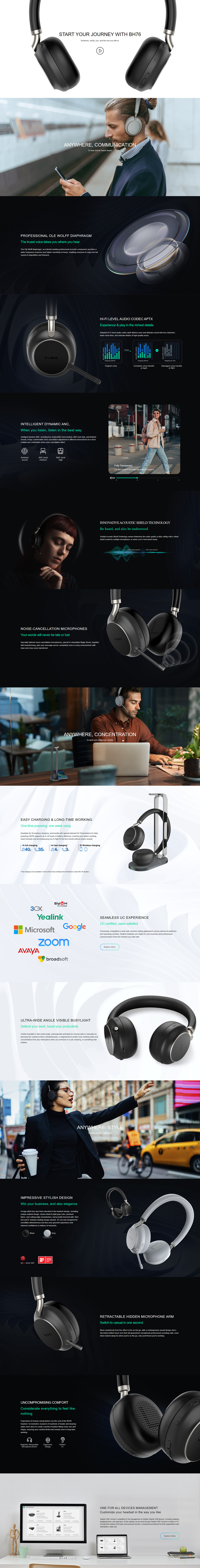 yealink bh76-ch-gy-c-uc bluetooth wireless stereo headset with charging stand