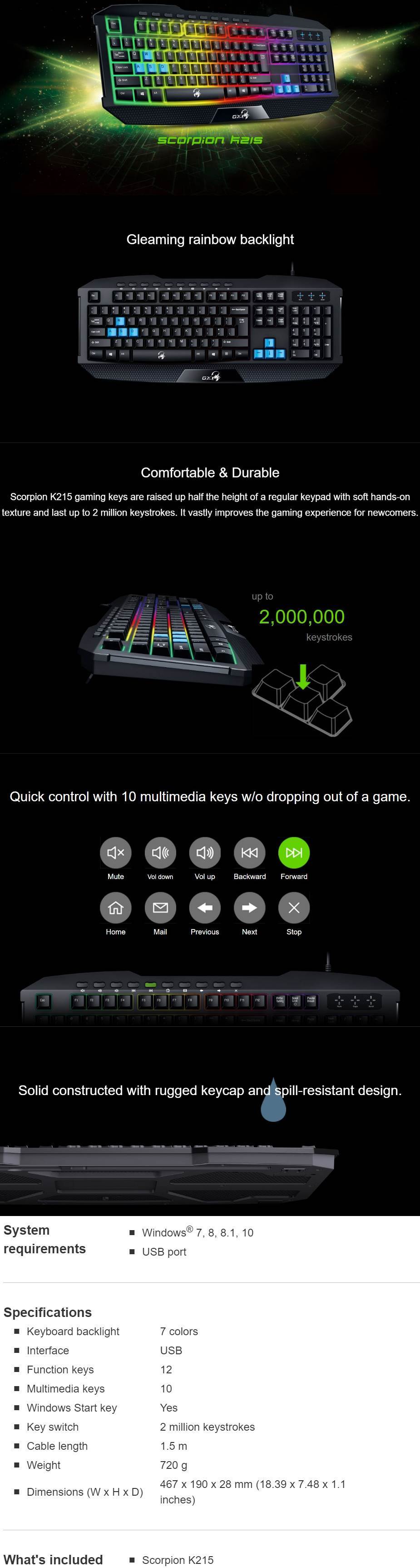 genius scorpion k215 multi-colour backlit gaming keyboard 31310474100