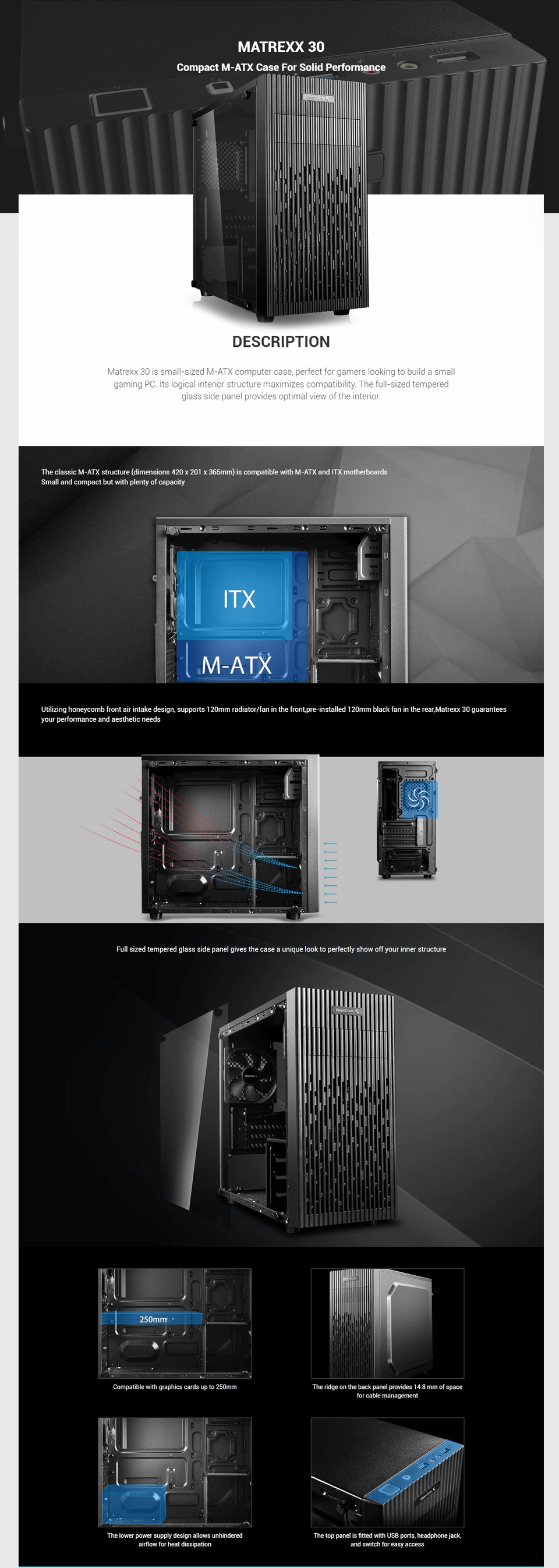 deepcool microatx dp-matx-matrexx30 tempered glass case black