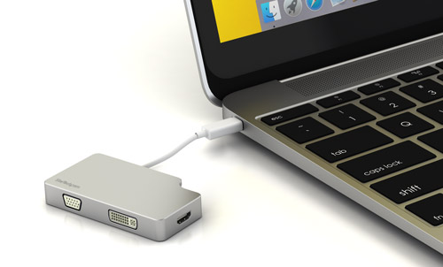 Photograph of the adapter connected to a MacBook Pro