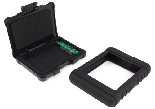 Photo of rugged enclosure shown open with protective silicone sleeve beside 