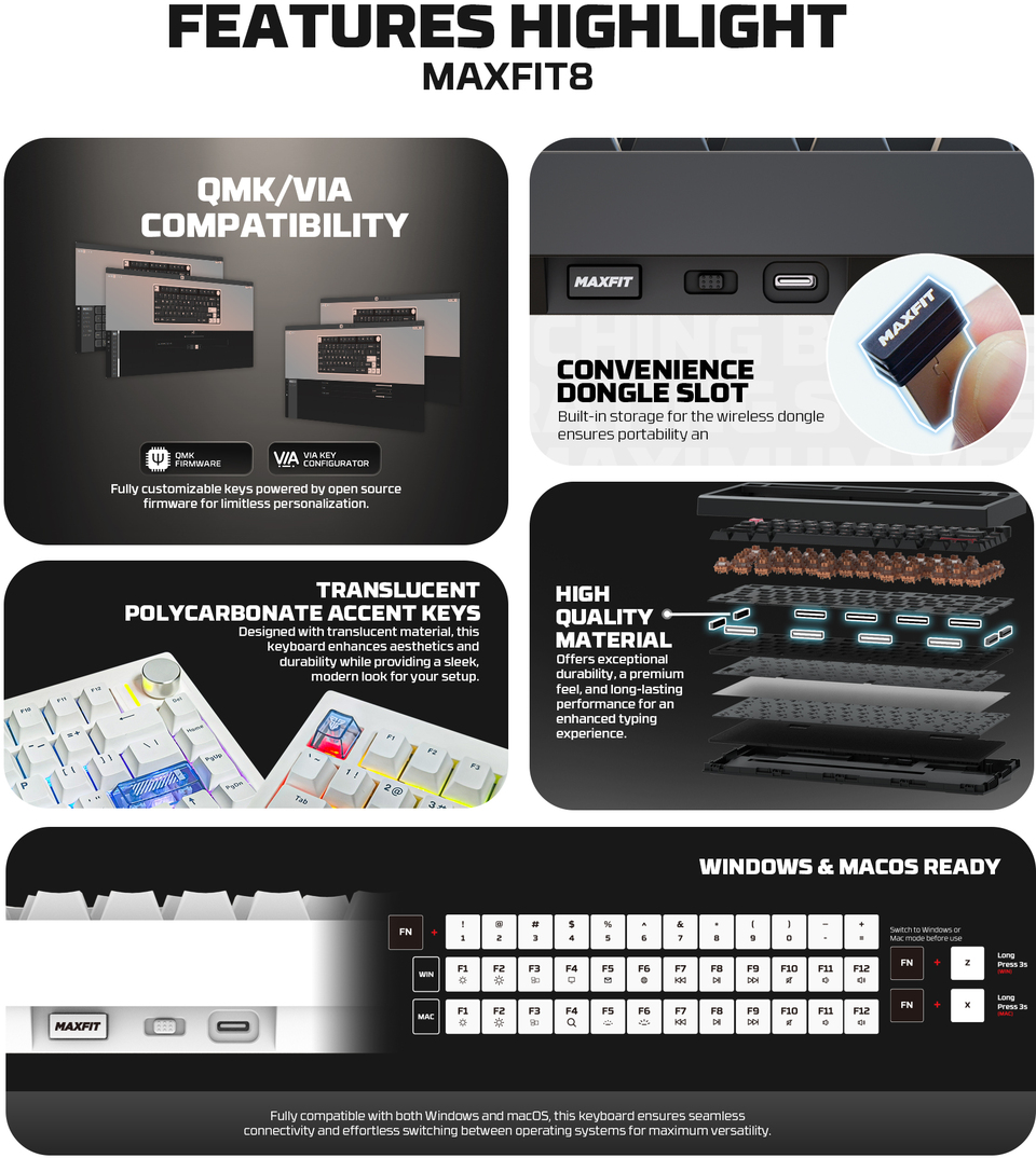 fantech maxfit8 qmk wireless linear mechanical keyboard black