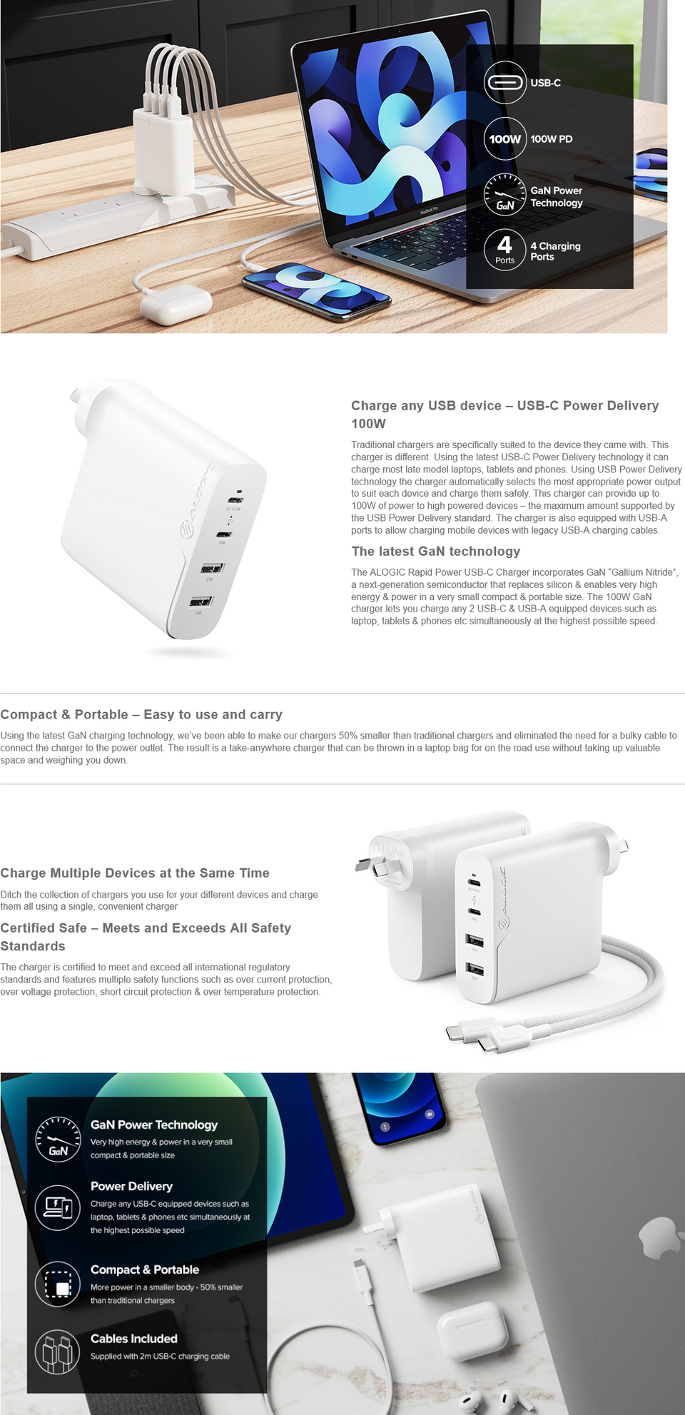 alogic rapid power 4 port 100wcompact usb-c charger wcg4x100-anz