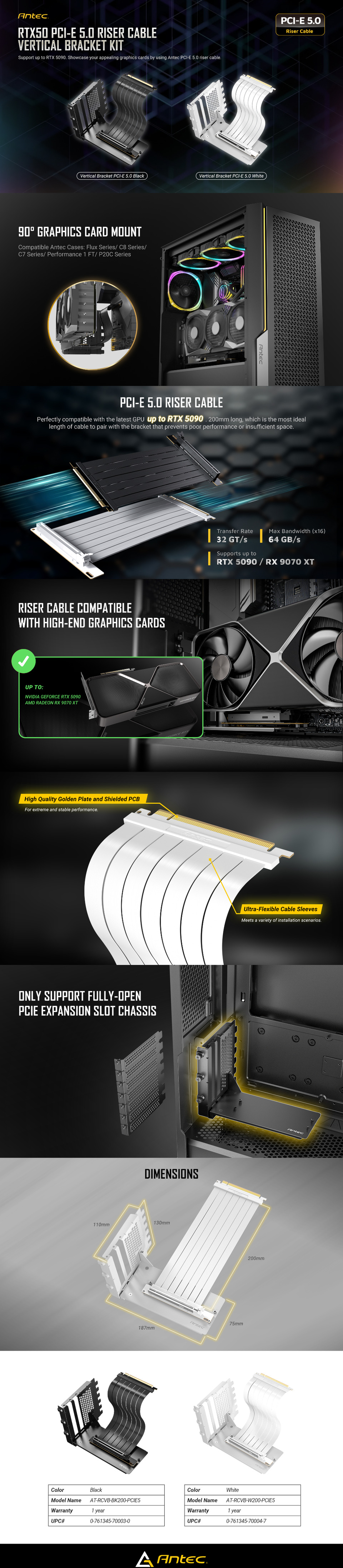 Antec 200mm PCIe 5.0 Riser Cable with Vertical Bracket White | CA