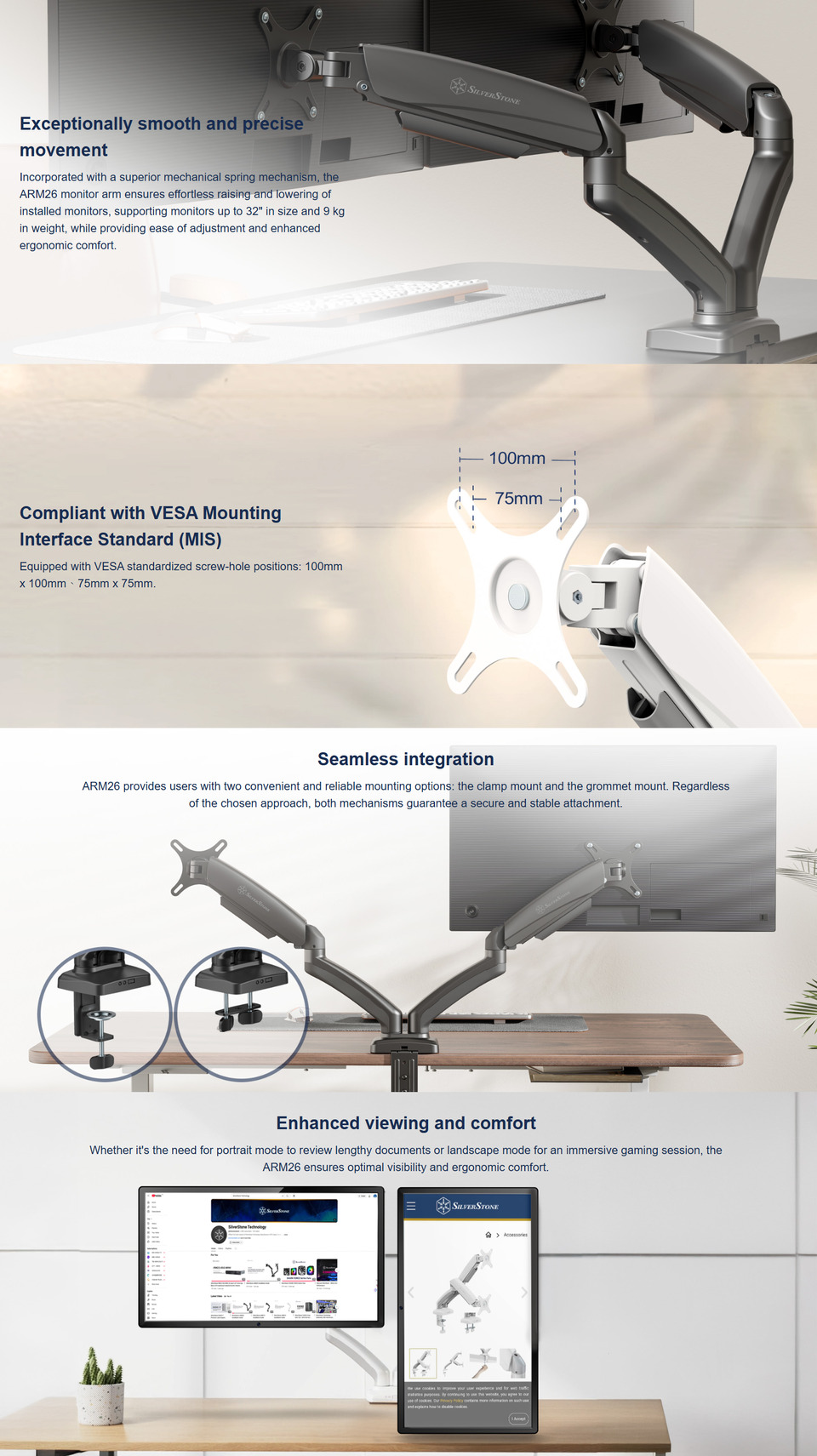 24-32 silverstone sst-arm26b dual monitor mount black
