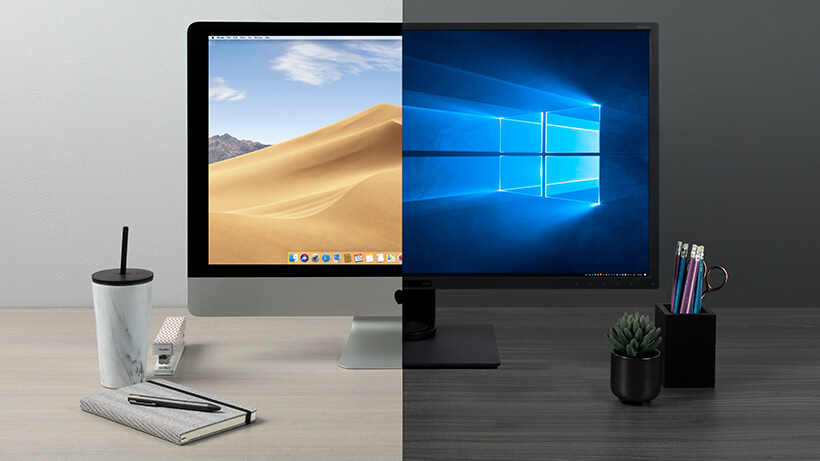 A Mac and Windows monitor side-by-side