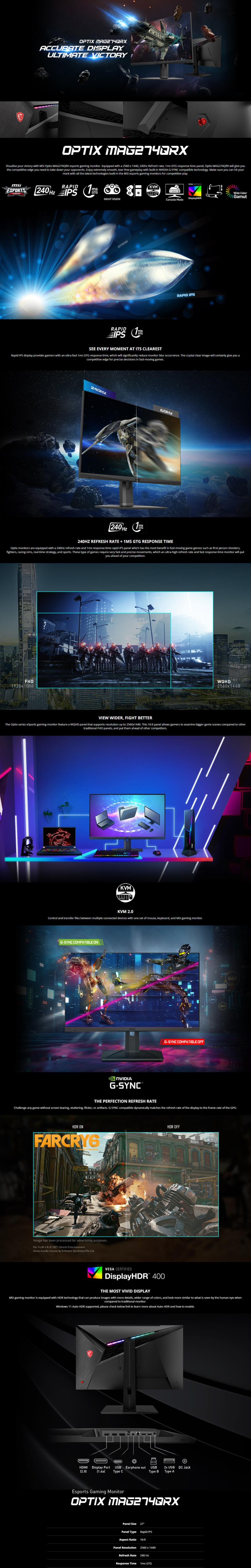 27" MSI Optix MAG274QRX QHD 240Hz IPS Gaming Monitor with KVM CA