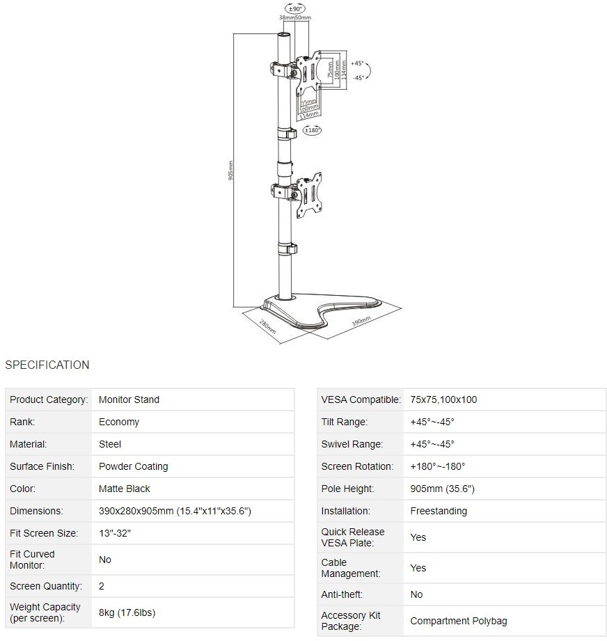 13 - 32brateck ldt12-t02v free standing dual vertical lcd monitor stand