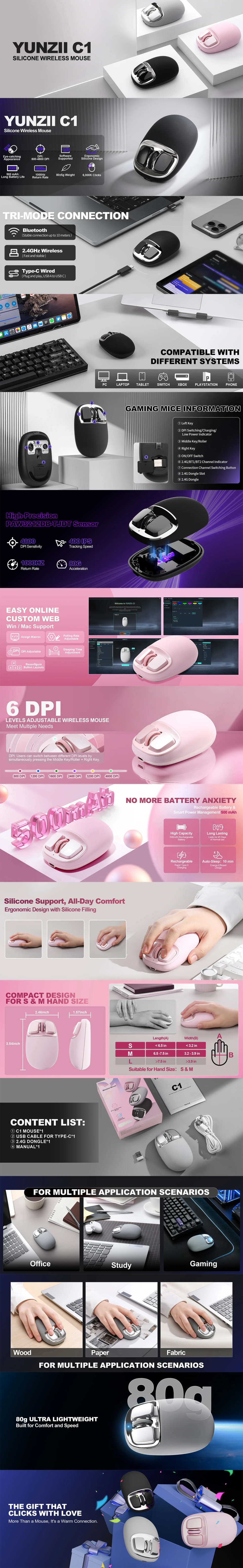 yunzii c1 tri-mode wireless silicone mouse pink