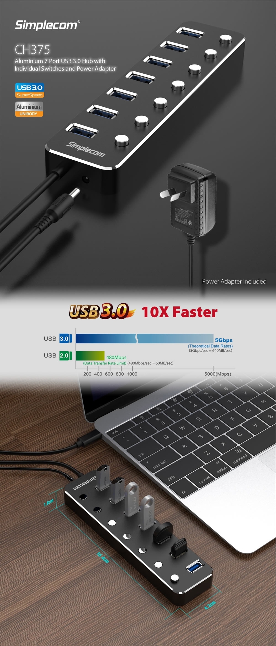 simplecom ch375ps aluminium 7 port usb 30 hub with individual switches and power adapter